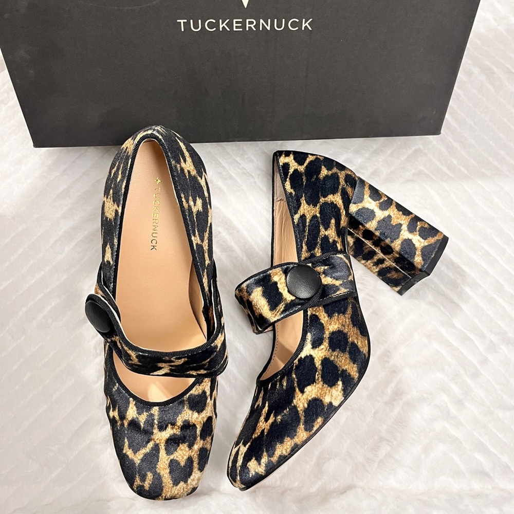 Tuckernuck Leopard Velvet High Heels Ellie Size 8 1/2 Block heel Maryjane nib